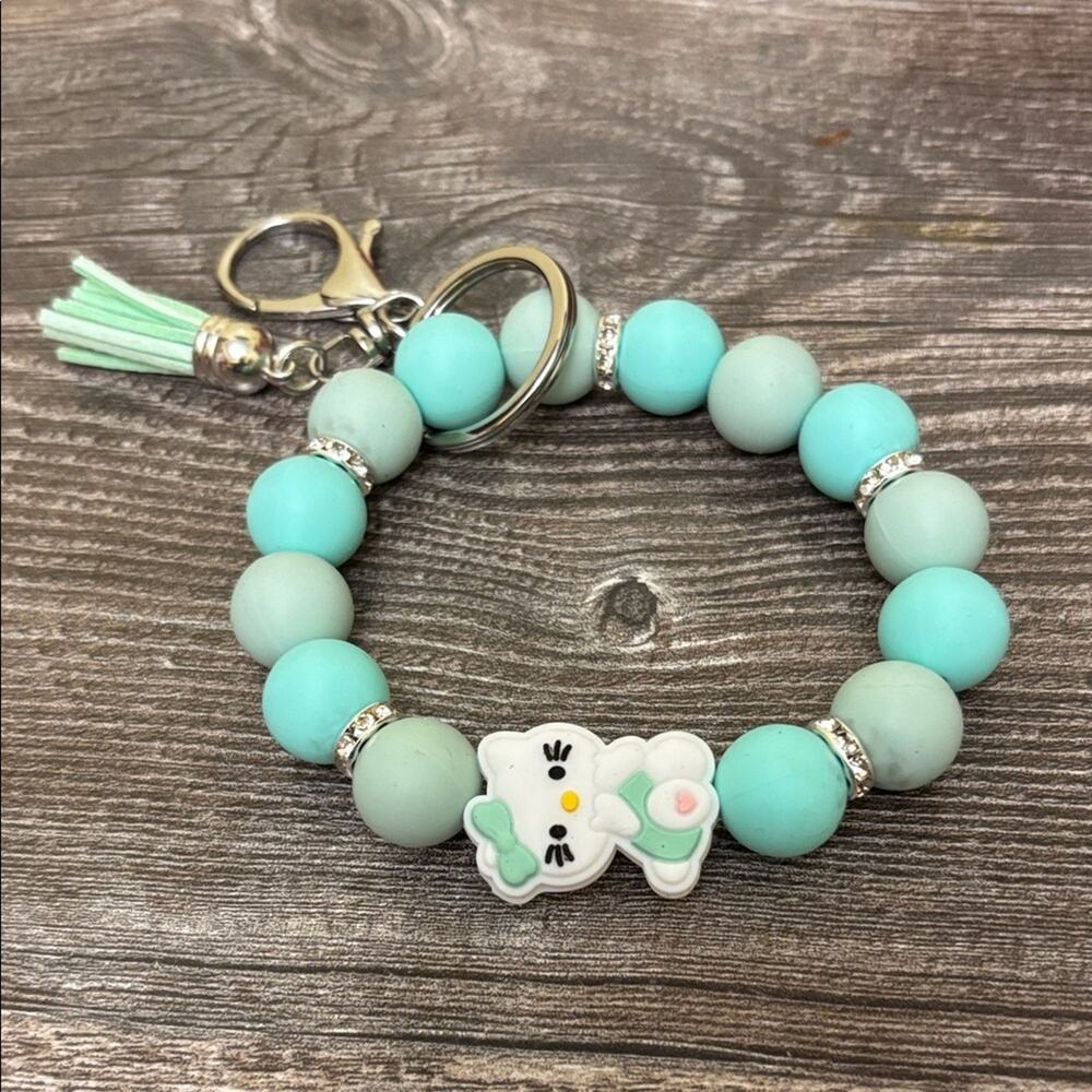 Hello Kitty Silicone Bead Wristlet Keychain Mint Teal Tassel Bracelet Charm